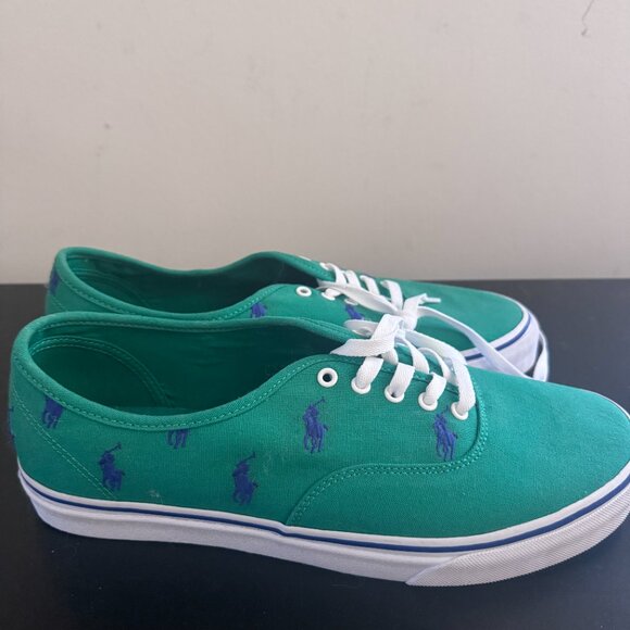 NWOT Polo Ralph Lauren Green Canvas Sneakers w/ Blue Polo Logo All Over, Mens 12 - Picture 2 of 7